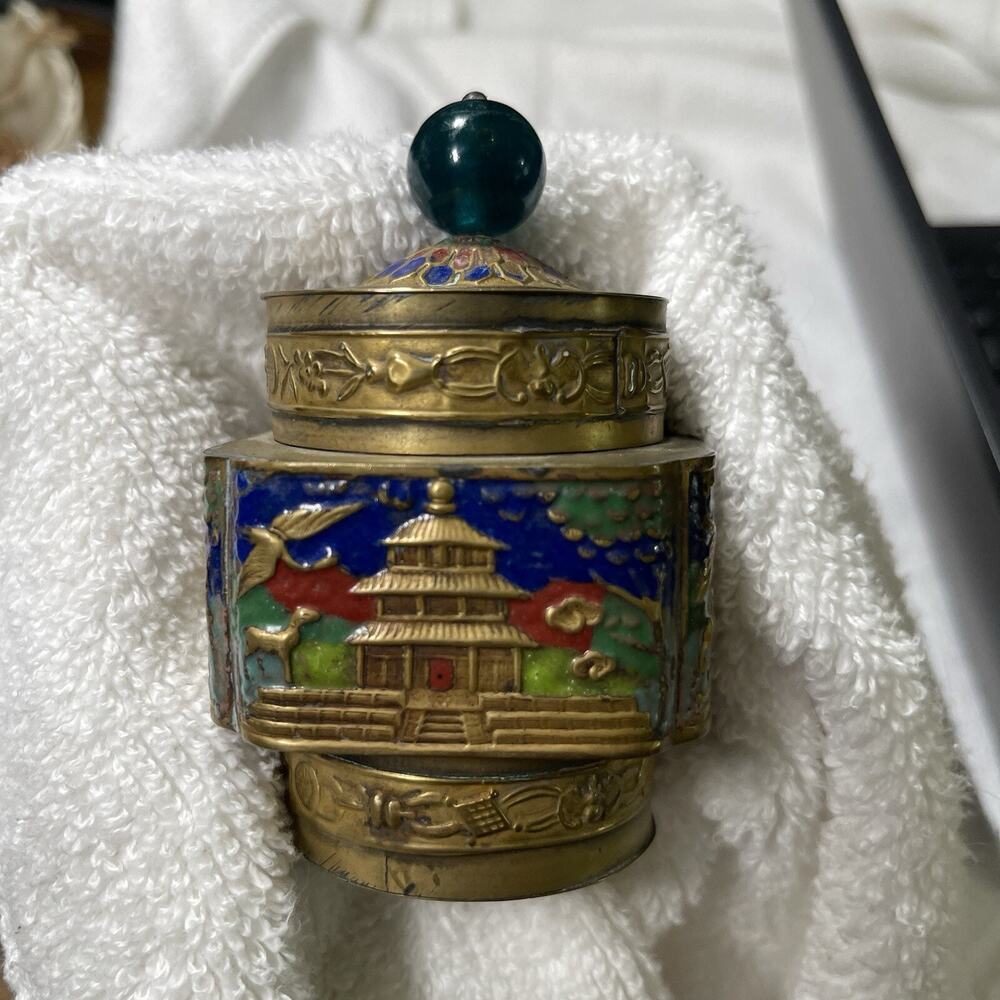 Chinese Cloisonne 1900'S Brass Embossed Lidded Box Tea Caddy Jar